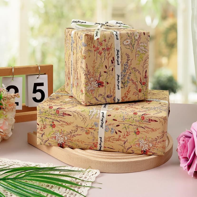 Tyzarglef Wild Flower Wrapping Paper Roll, 17 Inches x 32.8 Feet Kraft Floral Design Wrapping Paper for Women Girls Gifts, Birthdays, Weddings, Bridal Shower and Engagement B0F13926HD