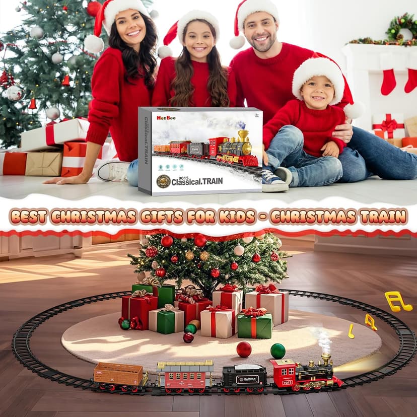 Hot Bee Train Set - Train Toys for Boys with Smokes, Lights and Sound, Toy Train Set for Under Christmas Tree, Toddler Model Trains for 3 4 5 6 7 8+ Years Old Kids Christmas Toys Gifts