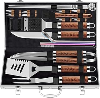 ROMANTICIST 25pcs Extra Thick BBQ Grill Accessories, Christmas Grilling Gifts Set for Men Dad, Heavy Duty Grill Tools Utensils Kit with Spatula, Tongs in Aluminum Case for Birthday Brown