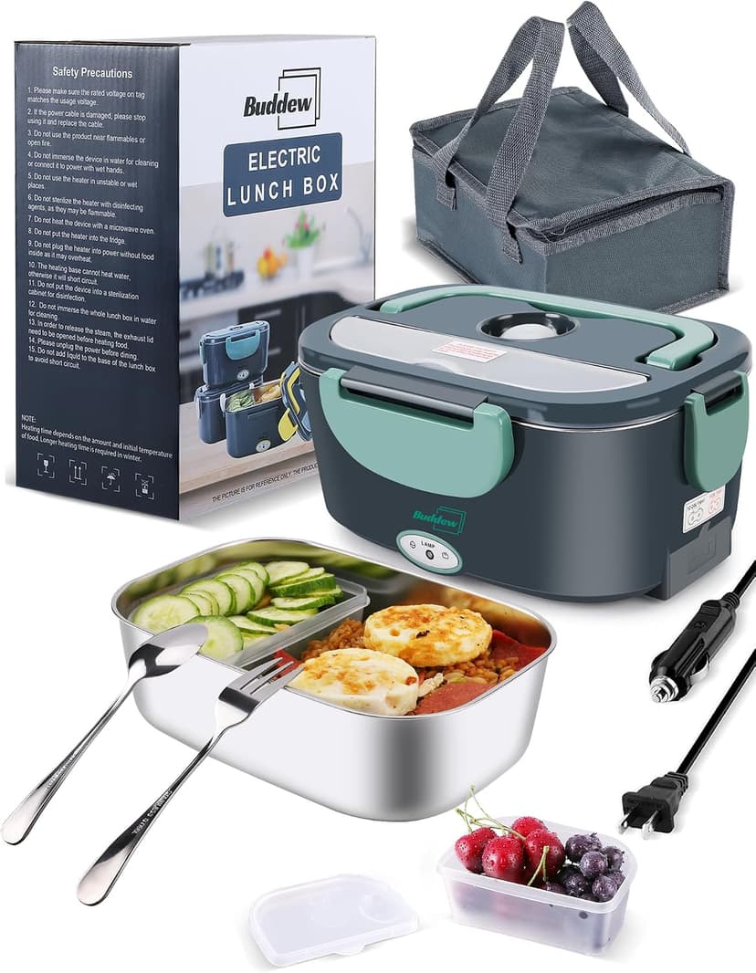 Buddew Electric Heated Lunch Box, 100W Fast Heating, 1.5L Food-Grade 304 Stainless Steel, 12V/24V/110V Portable Food Warmer for Car Truck Office Adults, Lonchera Electrica Portatil (Green) B09G2X39MK