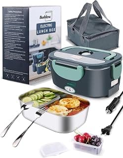 Buddew Electric Heated Lunch Box, 100W Fast Heating, 1.5L Food-Grade 304 Stainless Steel, 12V/24V/110V Portable Food Warmer for Car Truck Office Adults, Lonchera Electrica Portatil (Green) B09G2X39MK