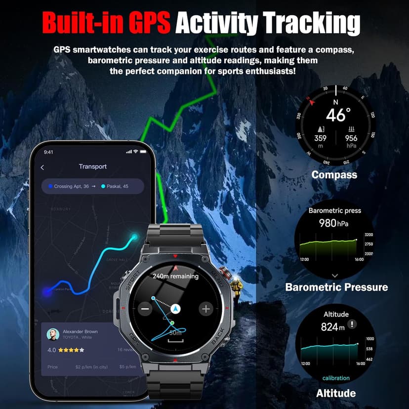 Military Smart Watch for Men Built-in GPS with LED Flashlight Compass, 1.43" AMOLED Display 5ATM Waterproof Fitness Tracker with Heart Rate/Sleep/Blood Pressure, Watches for Android/iPhone, Black