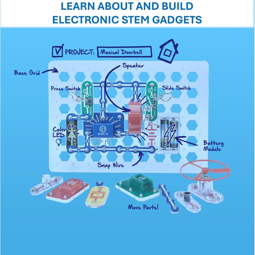 Build 100+ STEM projects with 28 snap-together parts and a full-color project manual SNAP CIRCUITS Jr. SC-100 STEM Electronics Kit, 100+ Projects, Ages 8+ B00008BFZH