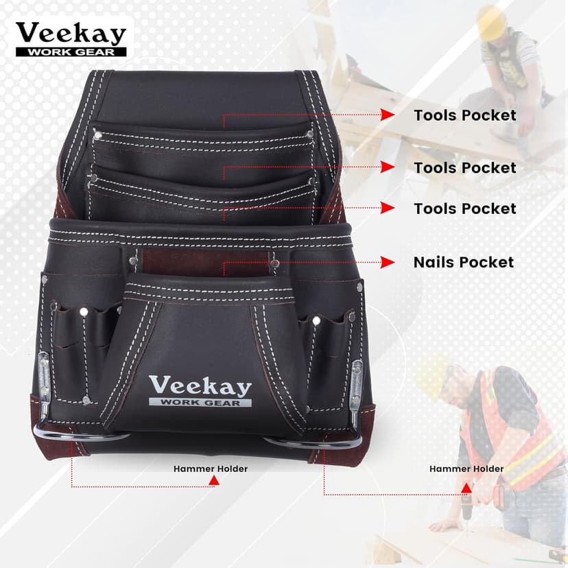 VEEKAY 10 Pockets Men Resin Finish/Oil Tanned Leather Tool Pouch White and Brown Bags Fastener Carpenter's Nail, Tool Heavy Duty Steel Hammer Loop, Belt Loop for Electrician Technician Installers