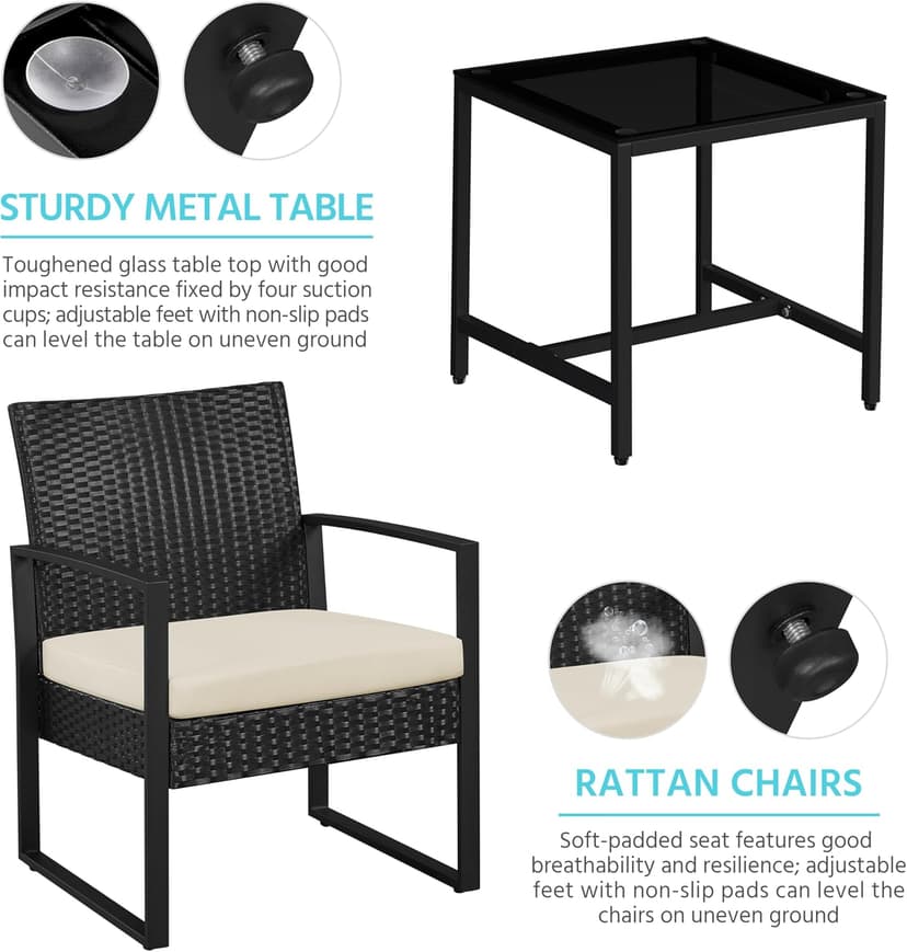 Yaheetech 3 Pieces Rattan Bistro Set, Outdoor Wicker Patio Modern Conversation Furniture, 2 Chairs & Tempered Glass Coffee Table for Garden, Balcony, Backyard, Poolside, Black/Beige