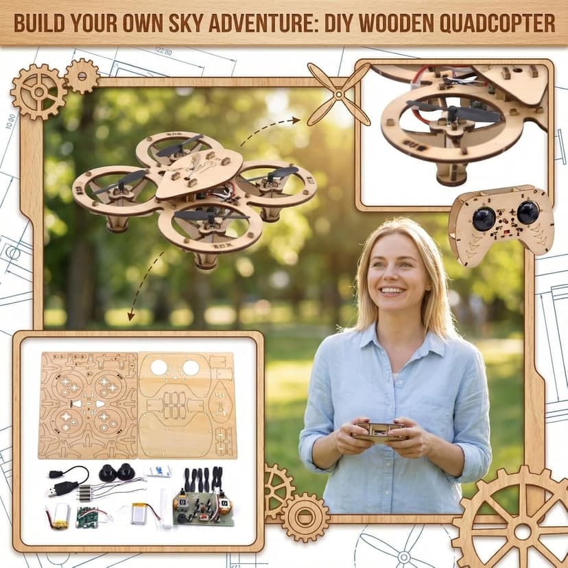 2026 New DIY Wooden RC Drone Kit, Remote Control 3D Building Blocks Quadcopter to Build for Adults, STEM Projects with Gyroscope for Beginners