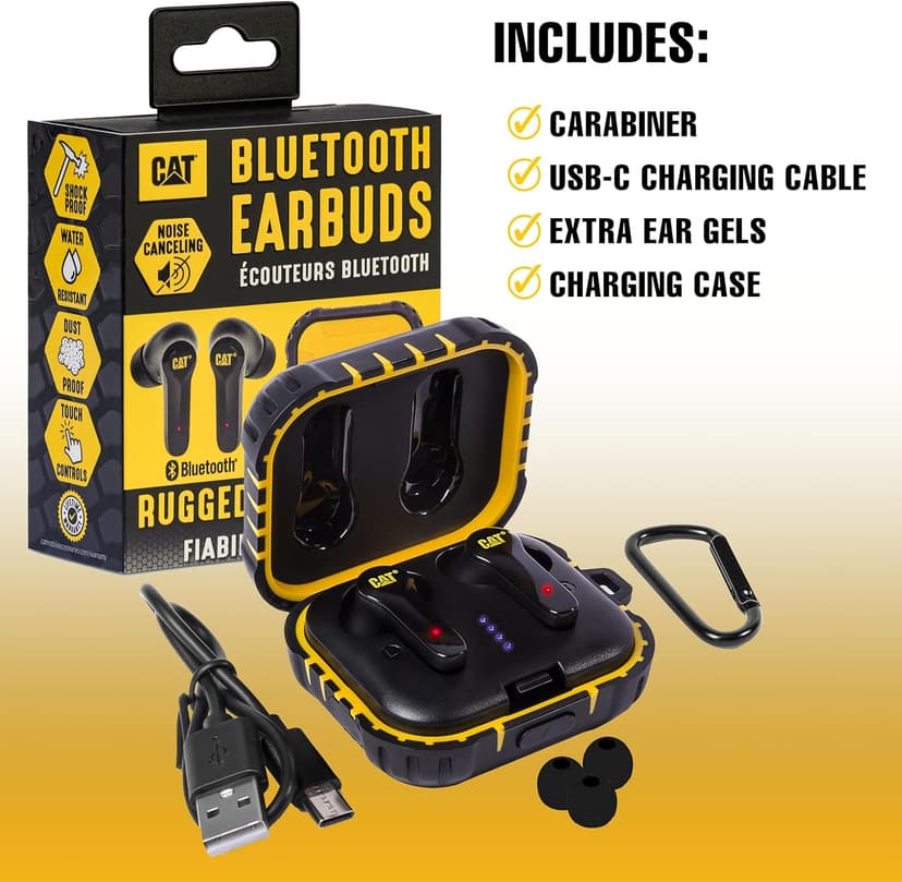 CAT Bluetooth Noise Canceling Ear Buds - Rugged Wireless Work Earbuds, Bluetooth Work Headphones, Dust Proof, Shock Proof, Water Resistant, Compatible with Apple, Android