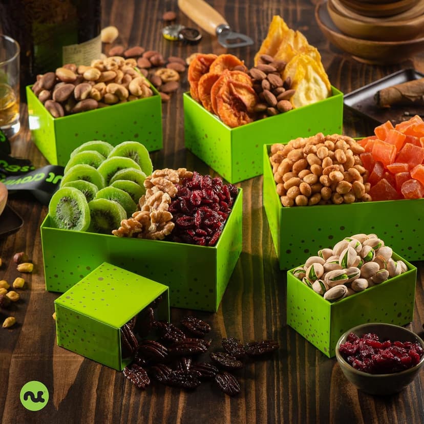 Green Tower + Ribbon, Food Arrangement, Healthy Snack Care Package, Kosher NUT CRAVINGS - Dried Fruit & Mixed Nuts Gift Basket (12 Assortments) B081294WT2