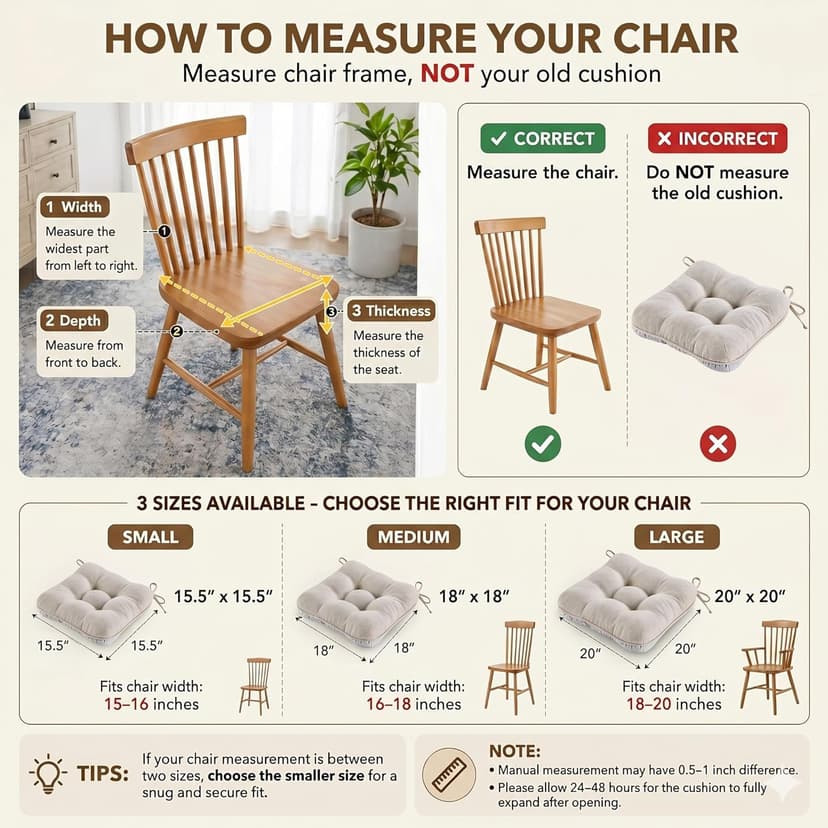 BETU Chair Cushions for Dining Chairs Set of 4,3.5" Thick Kitchen Table Chair Pads with Ties,Non Slip Backing and Covers, Seat Cushion for Dining Room,Bar,Patio Chairs,15.5"X15.5"X3.5",Beige