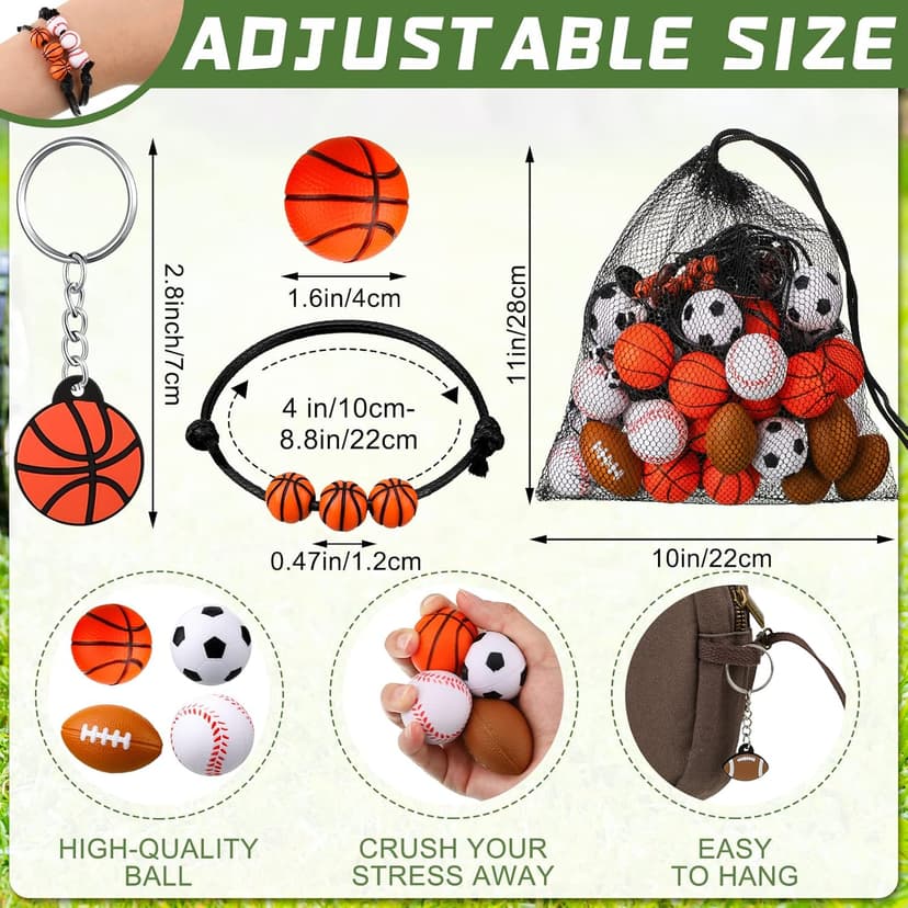 Nosiny Sportball Party Favors - 108 Pcs Bulk Set Including 36 Keychains, 36 Stress Balls & 36 Charm Bracelets for Team Birthday Parties