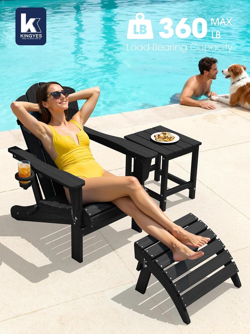 KINGYES Folding Adirondack Chair Set of 6, HDPE All-Weather Patio Chairs, Wooden Textured Lawn Chair for Poolside, Backyard, Deck, Fire Pit, Black