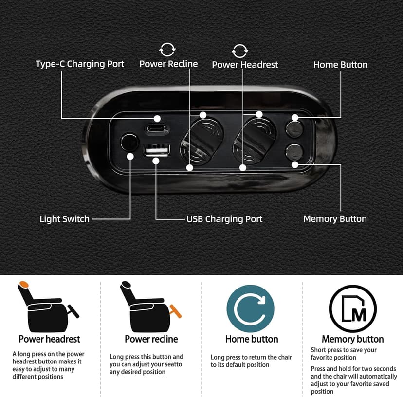 comfiroom Leather Home Theater Seating, Classic Series Game Seats Movie Theater Chairs Recliner Sofa with Type-C USB Charger Port, Bedroom Sofa Chair for Living Room (Black, Row of 1)