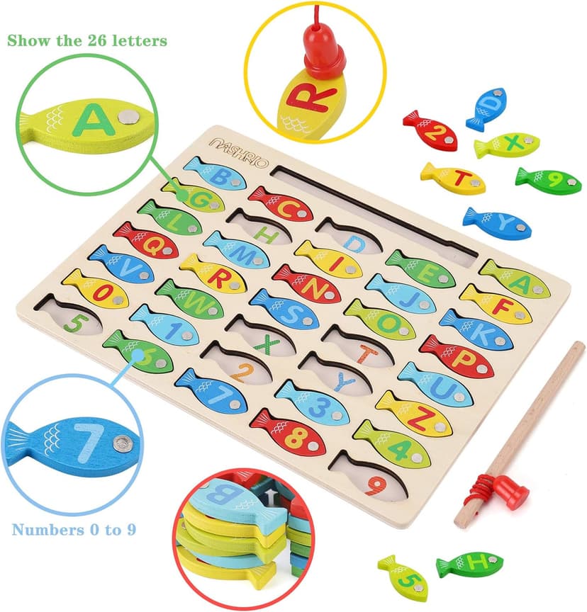 Magnetic Wooden Fishing Game Toy for Preschoolers, Alphabet Fish Catching Counting Games Puzzle with Numbers and Letters, Preschool Learning ABC and Math Educational Toys for 3 4 5 Years Old Kids B08JLSR6RN