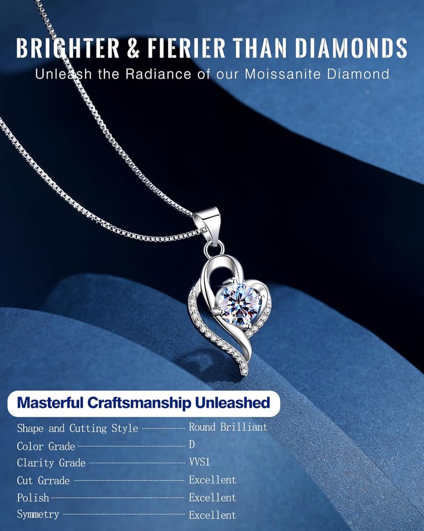 Wedding Anniversary Jewelry Gift for Wife from Husband, Wife Birthday Gift Idea, 1 Carat Moissanite Diamond Pendant Necklace in 925 Sterling Silver with 2 Chains, Romantic and Elegant Present for Her