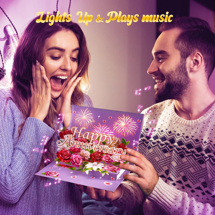 Airpark Anniversary Card with Music & Lights, 3D Pop Up Happy Anniversary Cards for Him Her Husband Wife Couple, Fireworks & Rose Lily Paper Flowers