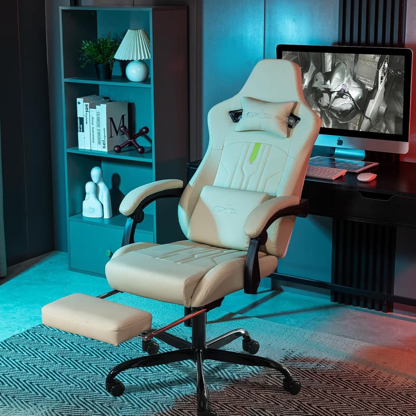 Gaming Chair with Footrest Ergonomic Computer Chair Massage Lumbar Cushion, Racing Video Game Chair Adjustable Rocker Recliner Executive Office Desk Chair Pu Leather for Adults