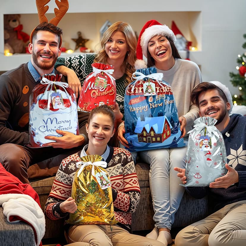 14 Styles Colorful Xmas gifts Bags with 20 Cards for Gifts Holiday Present Wrapping Xmas Decor 20 Pcs Christmas Drawstring Gift Bags, Assorted Sizes with More Large Bag. B0H7MP6FX5