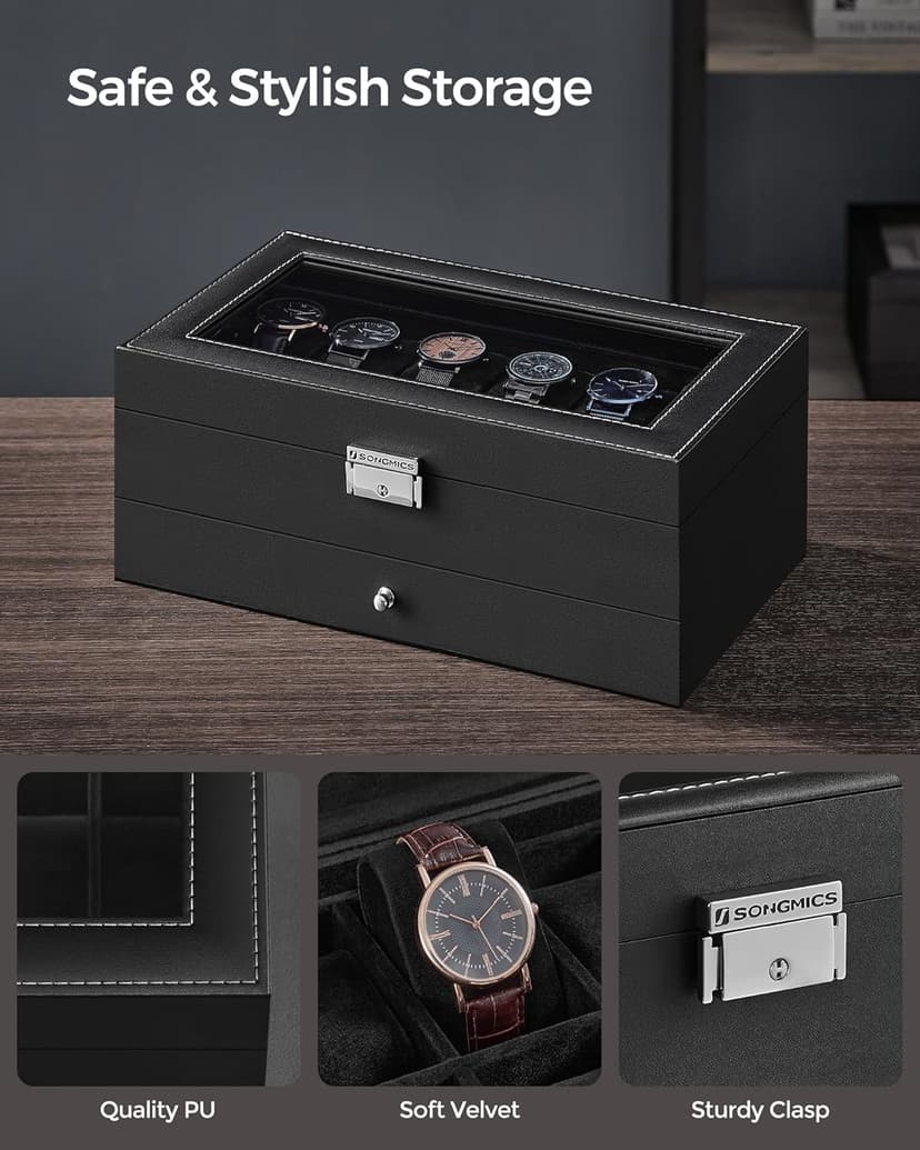 SONGMICS Watch Box, 12-Slot Watch Case Organizer with Large Glass Lid, 2 Layers, Removable Pillows, Metal Lock, Gift for Loved Ones, Black Synthetic Leather, Black Lining UJWB012B03