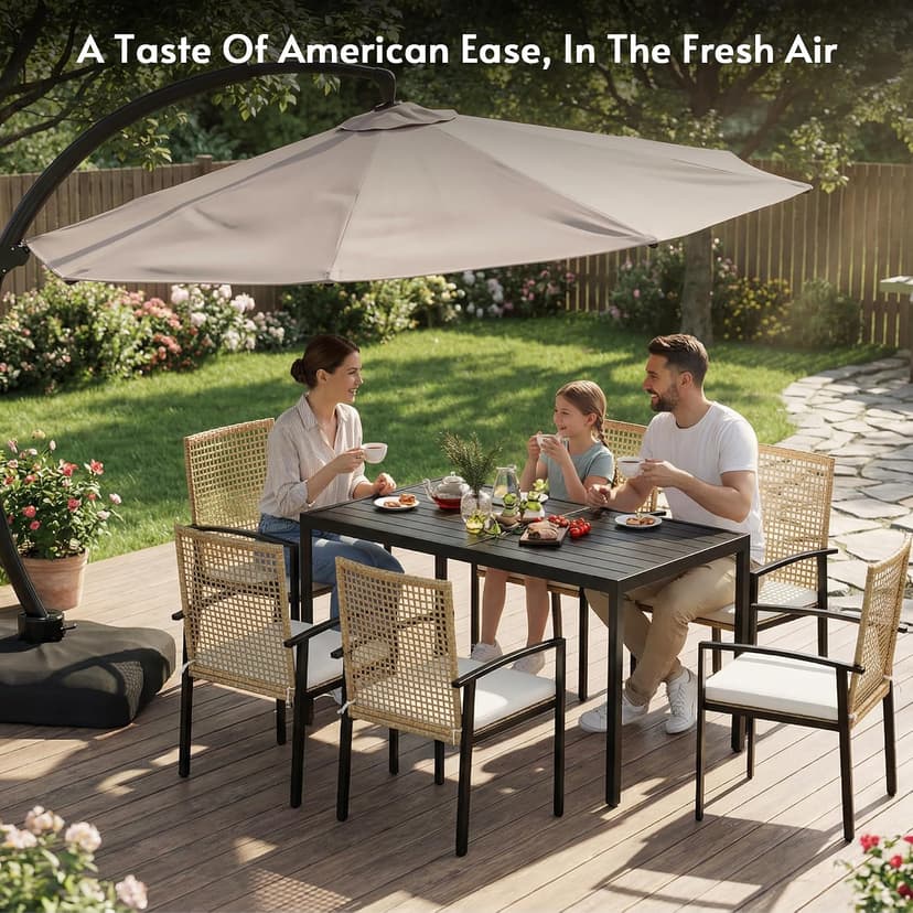 7-Piece Outdoor Dining Set for 6, Patio Dining Set with Hand-Woven Wicker Chairs & Cushions, 60" x 33" x 30" Wider Aluminum Woodgrain Table for Deck, Garden, Backyard