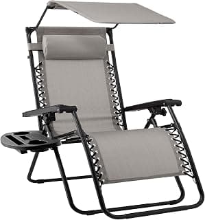 Best Choice Products Folding Zero Gravity Outdoor Recliner Patio Lounge Chair w/Adjustable Canopy Shade, Headrest, Side Accessory Tray, Textilene Mesh - Ice Gray