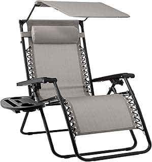 Best Choice Products Folding Zero Gravity Outdoor Recliner Patio Lounge Chair w/Adjustable Canopy Shade, Headrest, Side Accessory Tray, Textilene Mesh - Ice Gray