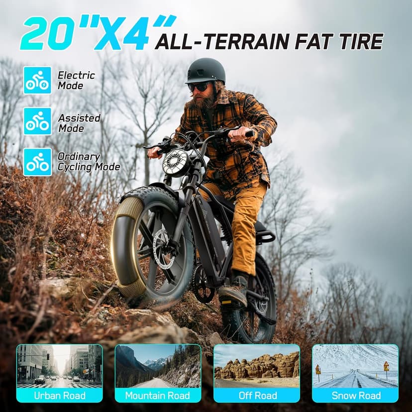TST Electric Bike for Adults, 1500W Peak Motor 28 MPH 60/100 Miles Fat Tire Ebike with 48V 15Ah/25Ah Removable Battery 20" Electric Dirt Bike Hydraulic Suspension and 7-Speed
