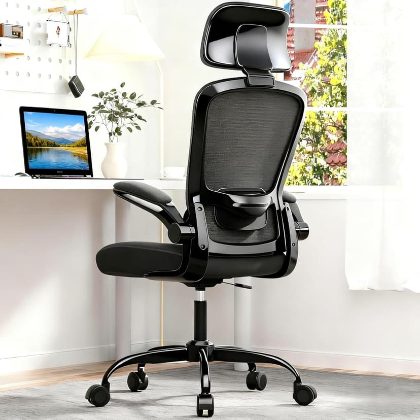 Ergonomic Office Chair for Long Hours Sitting – Back & Neck Pain Relief, Adjustable Lumbar Support & Headrest, High-Density Foam Seat, Ideal for Work & Home Office, Black