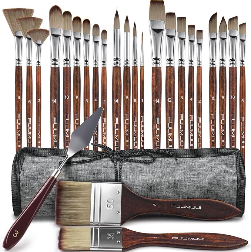 Fuumuui 25pcs Paint Brush Set, Professional 9 Shapes with Wide Flat, Filbert, Fan, Dagger, Cat Tongue, Round, Angle, Rigger for Acrylic Oil Watercolor | Includes Palette Knife & Waterproof Canvas Roll B0CCHK9L7G