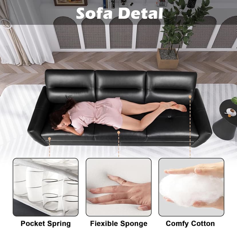 STHOUYN 85” Black Faux Leather Couch with USB, 3 Seater Sofa Couches for Living Room, Large Mid Century Modern Office Apartment Couch (Black)