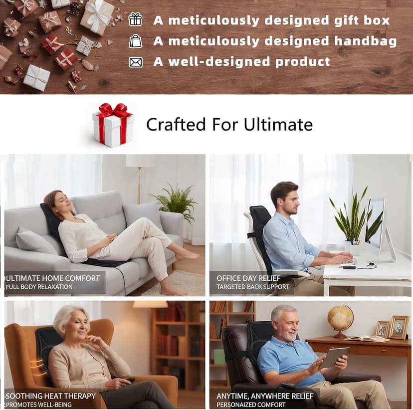Vibration Back Massager with Heat, Seat Massager with 9 Vibrating Motors & 5 Modes, Chair Massager Cushion, Massage Pad for Chair, Office, Gifts for Mom