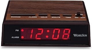 Westclox Retro Wood Style Small Night Table Alarm Clock with Red LED Display, 9-Minute Snooze, Battery Backup, Easy Electric Operation for Bedroom, Home or Office – Woodgrain