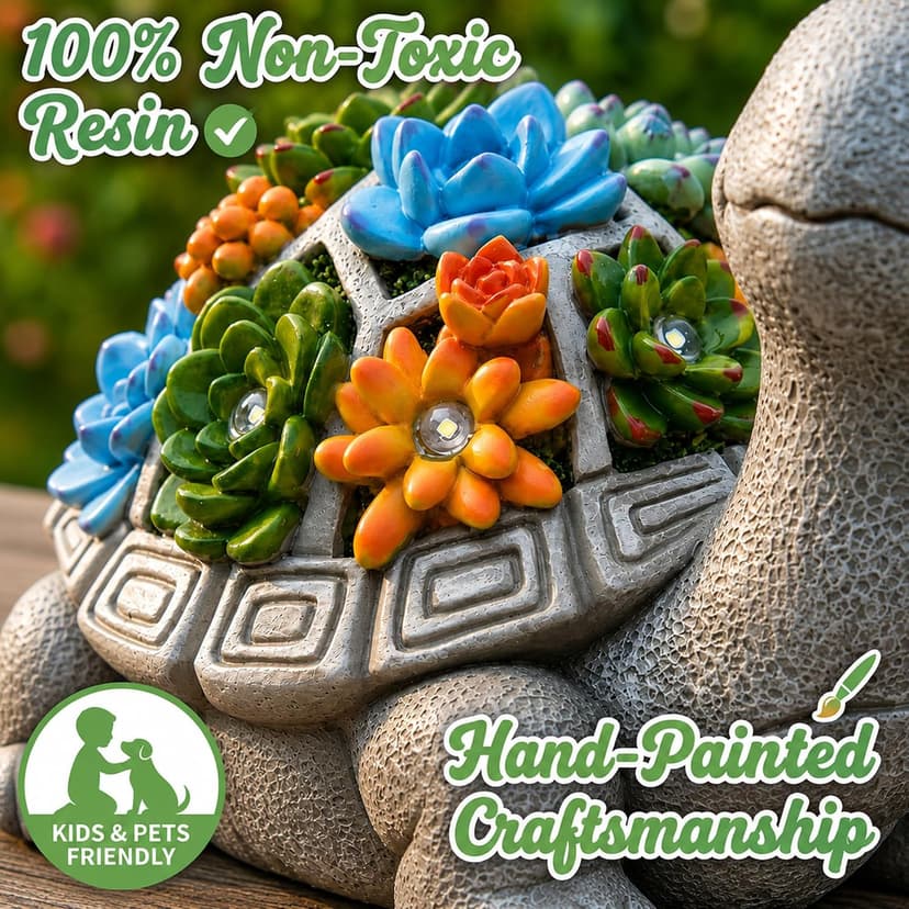 Nacome Solar Garden Outdoor Statues Turtle with Succulent and 7 LED Lights - Lawn Decor Tortoise Statue for Patio, Balcony, Yard Ornament - Unique Housewarming Gifts