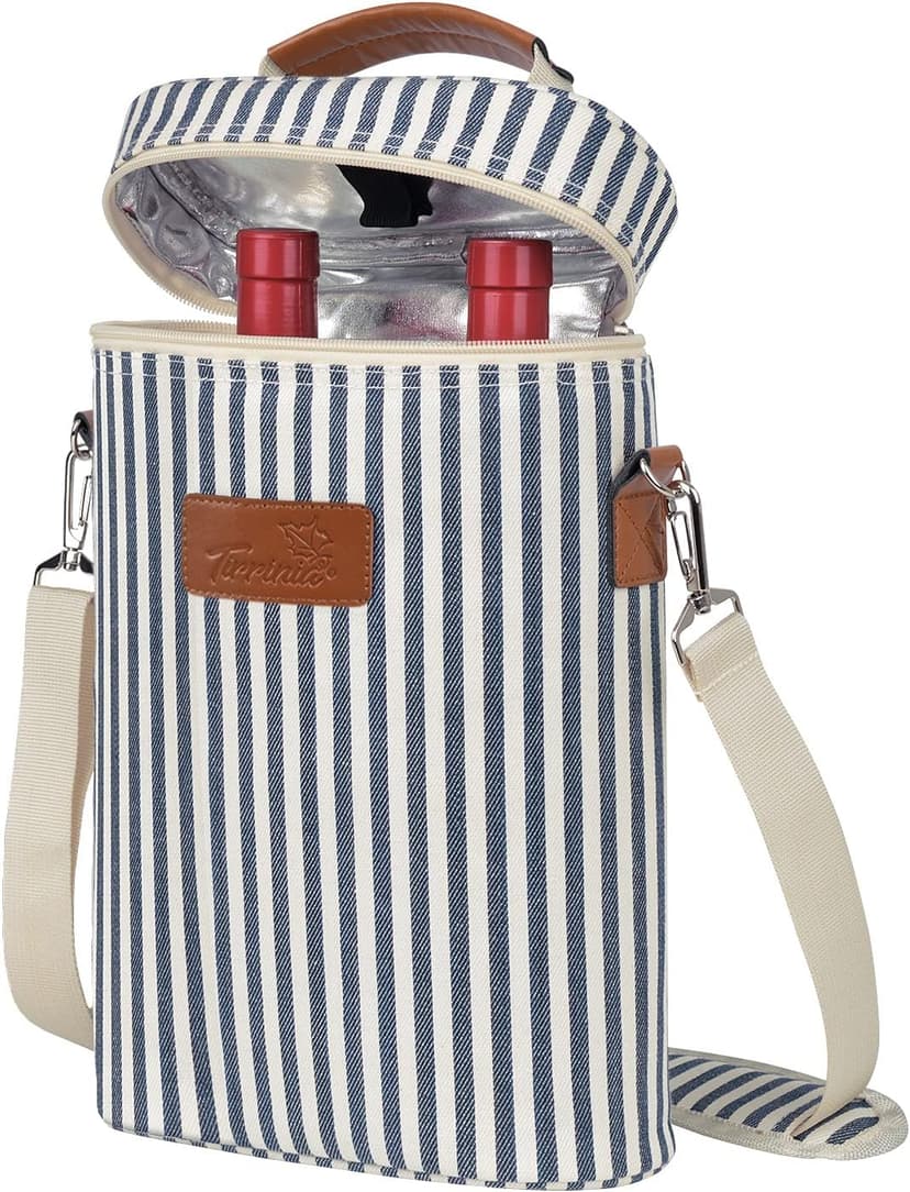 Tirrinia 2 Bottle Insulated Wine Tote Carrier - Leakproof, Padded Cooler Bag for Travel, BYOB, Tasting, Parties - Great Gift for Wine Lovers, Striped
