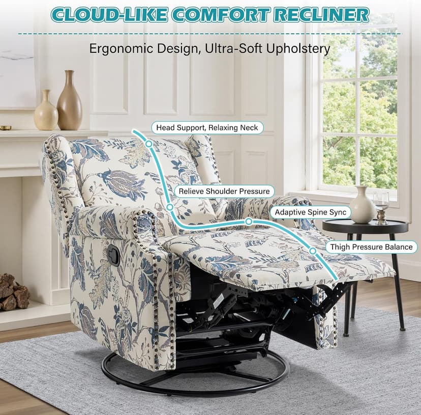 Swivel Glider Floral Recliner Chairs Set of 2, High Back Swivel Rocker Fabric Accent Chair for Living Room, Rivet Trim Upholstered Armchair Manual Sofa Seating - Plants Blue
