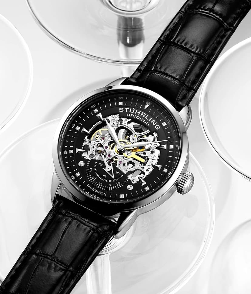 Stuhrling Original Mens Automatic Skeleton Watch - Black Leather Strap, Mechanical Silver Executive Watch