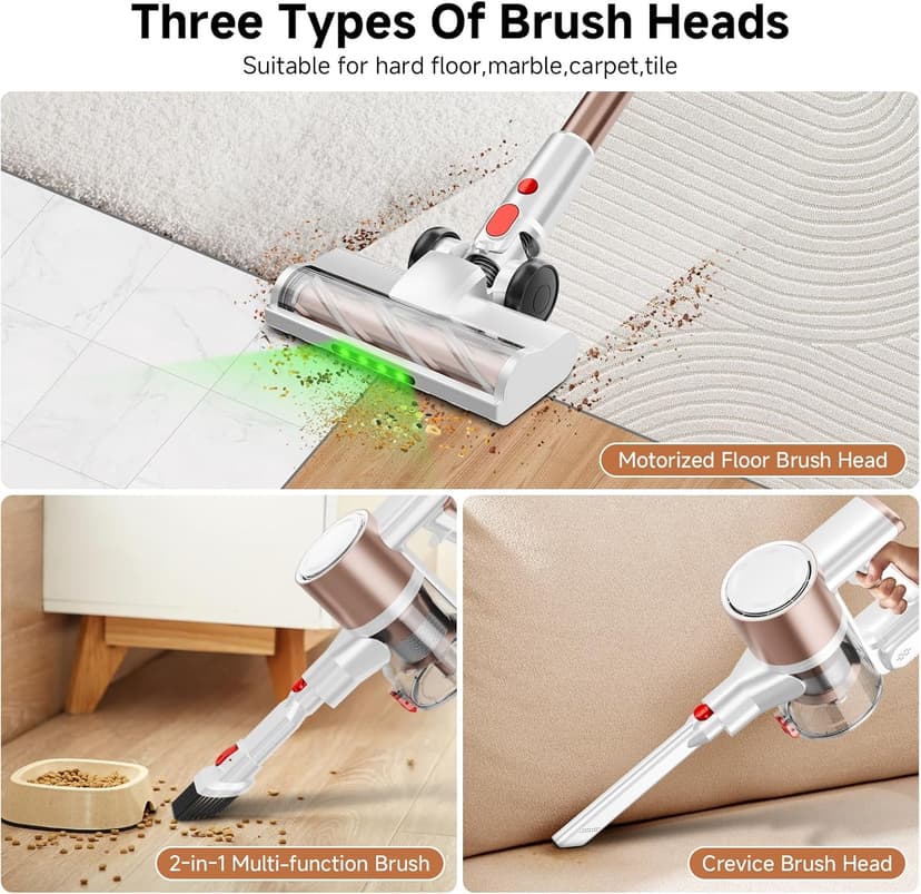 Honki Cordless Vacuum Cleaner, 500W/40Kpa Vacuum Cleaners for Home, Stick Vacuum Cordless with LED Display, Anti-Tangle & Wall Mount, 8 in 1 Lightweight Vacuum for Hard Floors Pet Hair(Gold)