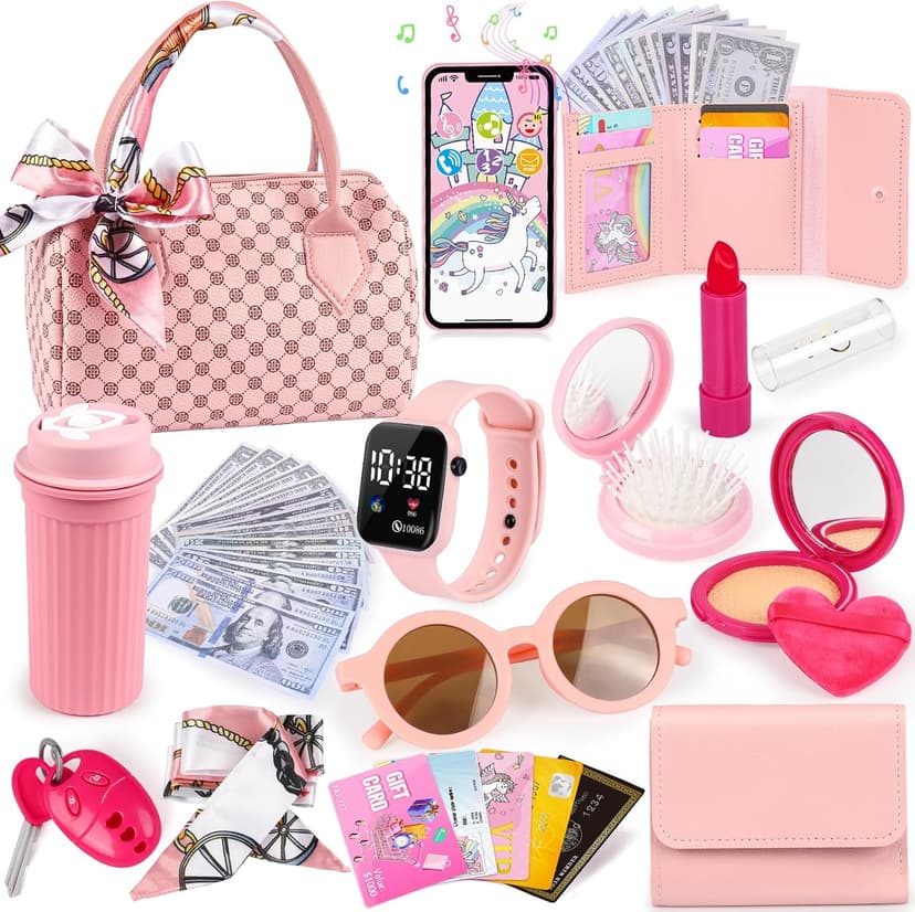 32Pcs Role Play Set with Handbag, Water Bottle, Scarf, Pretend Makeup, Birthday Gifts, Mom-Daughter Bonding, Multi-Scene Play Oisacirg Play Purse with Watch, Phone, Pretend Play Toys for Girls Ages 3-8 B0D7CQGK8X