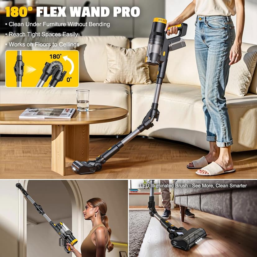 LIVOWALNY Cordless Vacuum Cleaner Compatible with DeWalt 20V Battery, 350W Brushless 40kPa Suction, 0.8L Dual Dust Cup, LED Floor Brush & 180° Flex Wand for Hardwood & Carpet (Battery Not Included)