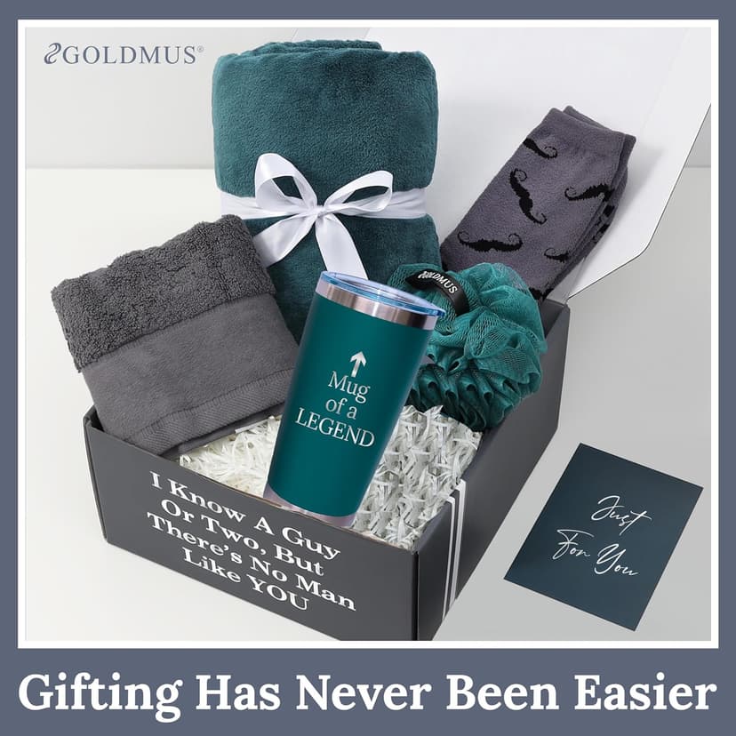 GOLDMUS Gift Basket for Men – Funny Birthday Basket for Men, Luxury Gift Box for Appreciation or Thank You, Celebration Surprise Set, Unique Mens Gift Basket Idea for Relaxation and Thoughtful Moments