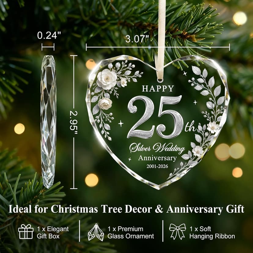 Glass 25th Anniversary Gifts for Couples Wife Husband Parents, 25 Year Anniversary Ornaments for Christmas Tree Decorations 25th Wedding Anniversary Ornament, Happy 25th Silver Anniversary Keepsake B0HFJ9P8KK