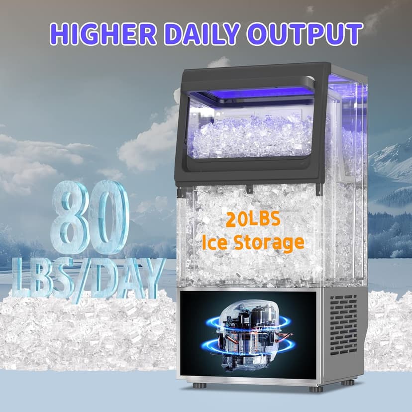 Commercial Nugget Ice Maker 80Lbs/24H with 15Lbs Storage, Stainless Steel Pellet Ice Machine, Ready in 10-15 Mins, Self-Cleaning for Home Office Bars Restaurants