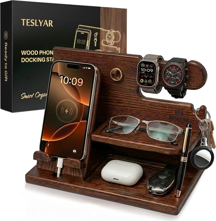 TESLYAR Wood Phone Docking Station for Men - Desk or Nightstand Organizer - Birthday Gifts for Husband, Dad - Anniversary Idea from Wife - Key Holder, Stand Wallet, Watch & Essentials (Bourbon Brown)