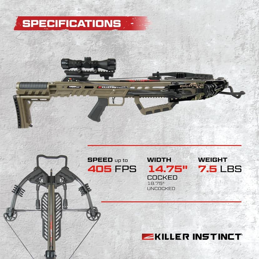 Killer Instinct LTL 405HD Crossbow Bundle, 405 FPS Compact Crossbow with Lumix 4x32 Scope, Anti Dry Fire Safety, Rope Cocker and 2 Carbon Bolts, Hunting Crossbow Kit