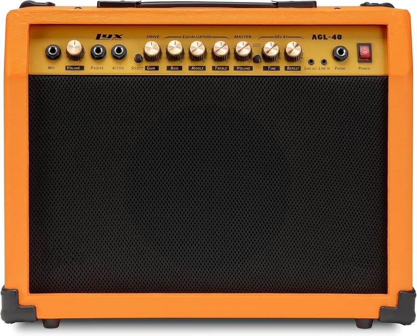 LyxPro 40 Watt Electric Guitar Amplifier | Solid State Studio Amp with 8” 4-Ohm Speaker, Custom EQ Controls, Drive, Delay, ¼” Passive/Active/Microphone Inputs, Aux in & Headphone Jack - Sunburst