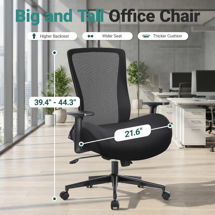 Big and Tall Home Office Desk Chair 500lb Capacity for Heavy People, Ergonomic Wide Mesh Desk Chair with Stepless Recline & Lock, 5.5" Thick Cushion, High Back, Adjustable Height & Armrests