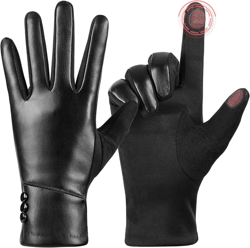 Kebesu Winter Fashion Leather Gloves for Women, Touch Screen Wool Lined Outdoor Windproof Warm Suede Driving Dress Gloves