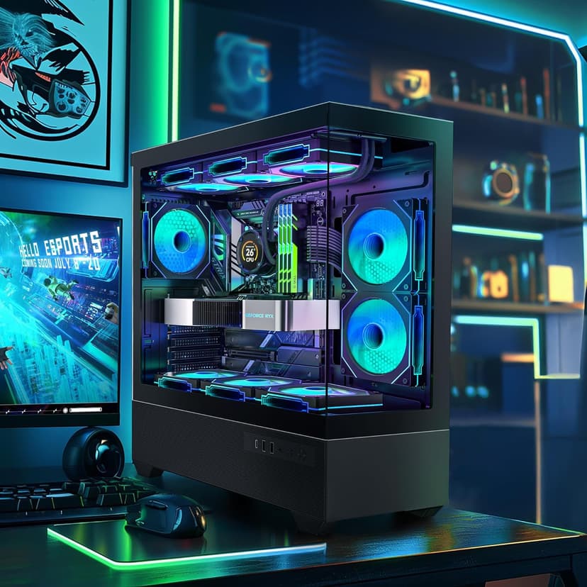 Gaming PC Case, Type-C ATX Computer Case with 6 PWM ARGB Fans Pre-Installed, Full Tower PC Case Full-View Dual Tempered Glass, Black(H2)