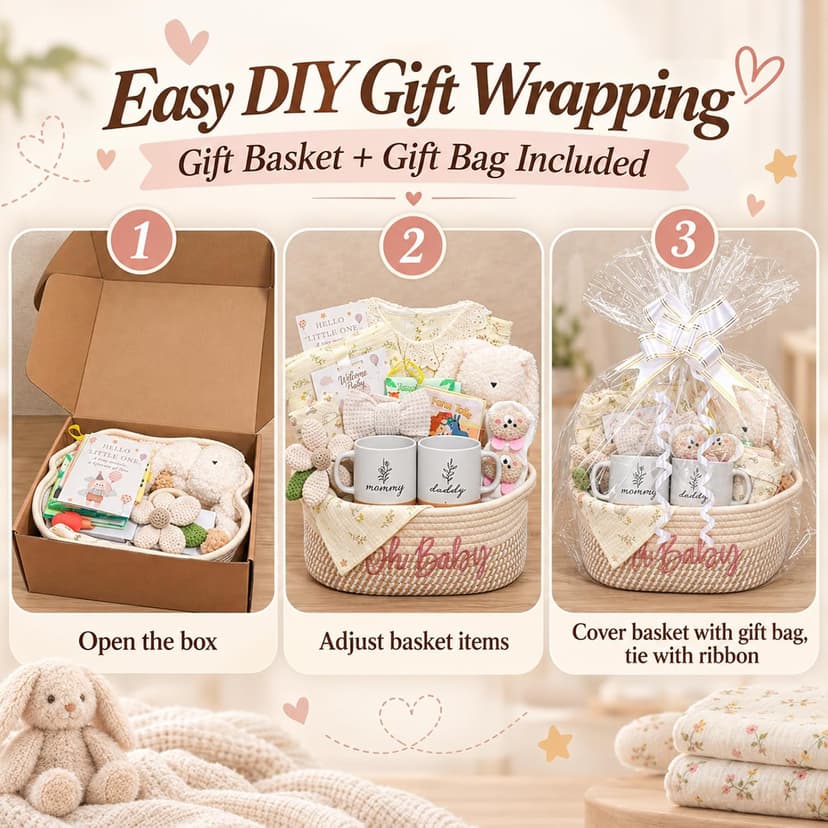 Baby Shower Gifts Set with a 0–6M Romper,39-Inch Swaddle,Sensory Books,Bunny Toy,Parent Mugs & Gift Basket Baby Girl Gift Basket,Newborn Baby Girl & New Parents Gift,New Mom Gifts B0H7WPNR2K