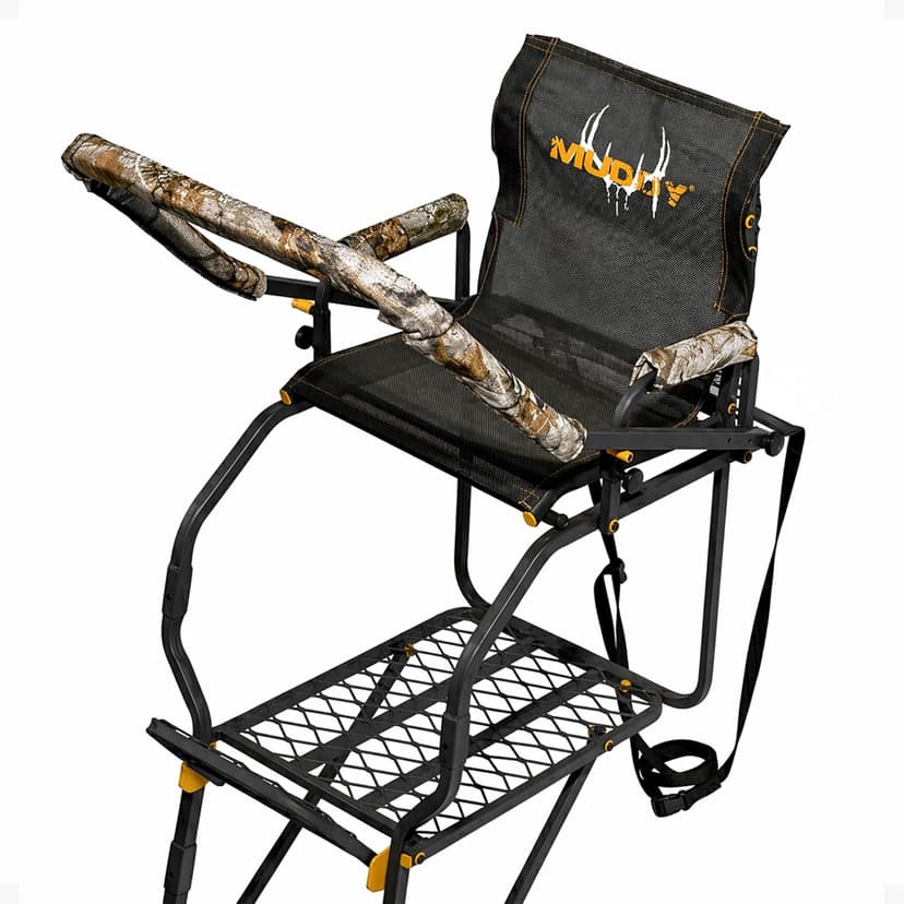 MUDDY 1-Person Huntsman Deluxe Steel Ladder Tree Stand, 17 ft Tall, 300 lb Capacity - Heavy-Duty Hunting Treestand with Lumbar Support Seat, Flip-Back Adjustable Shooting Rail & Silencer Technology
