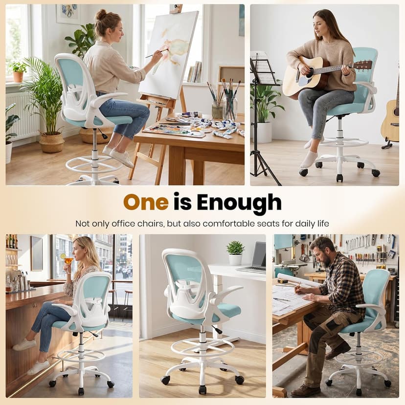 Primy Drafting Chair Tall Office Chair with Flip-up Armrests Executive Ergonomic Computer Standing Desk Chair with Lumbar Support and Adjustable Footrest Ring（Light Blue）